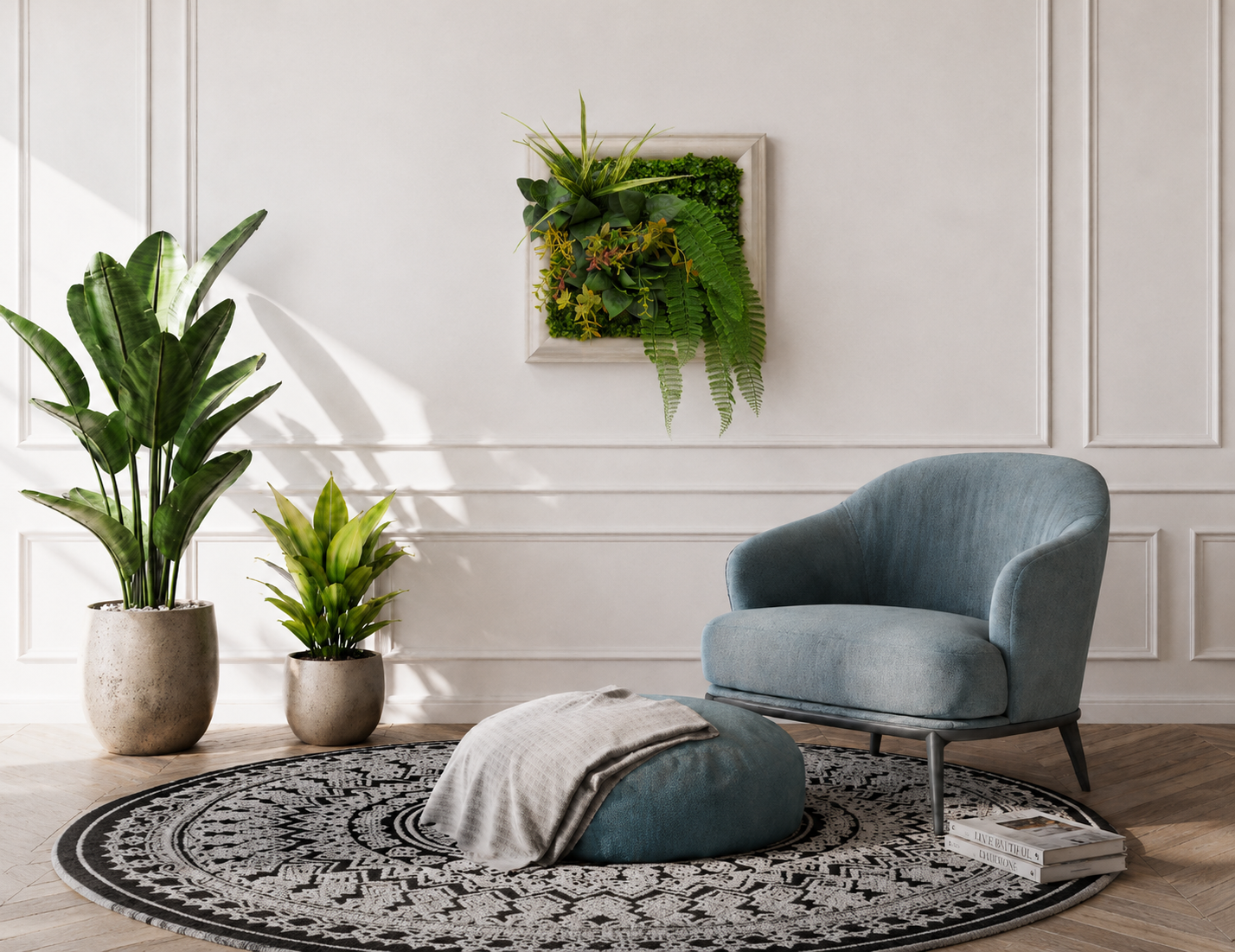 Artificial Green Wall Art Panel | White Frame | Cascading Foliage | 33x33cm