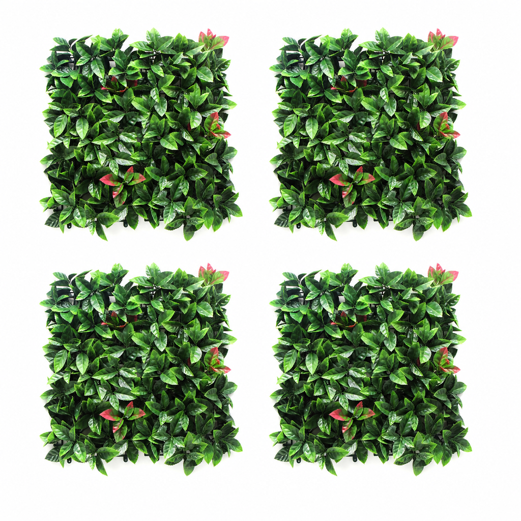 Four artificial green leafy panels on a white background