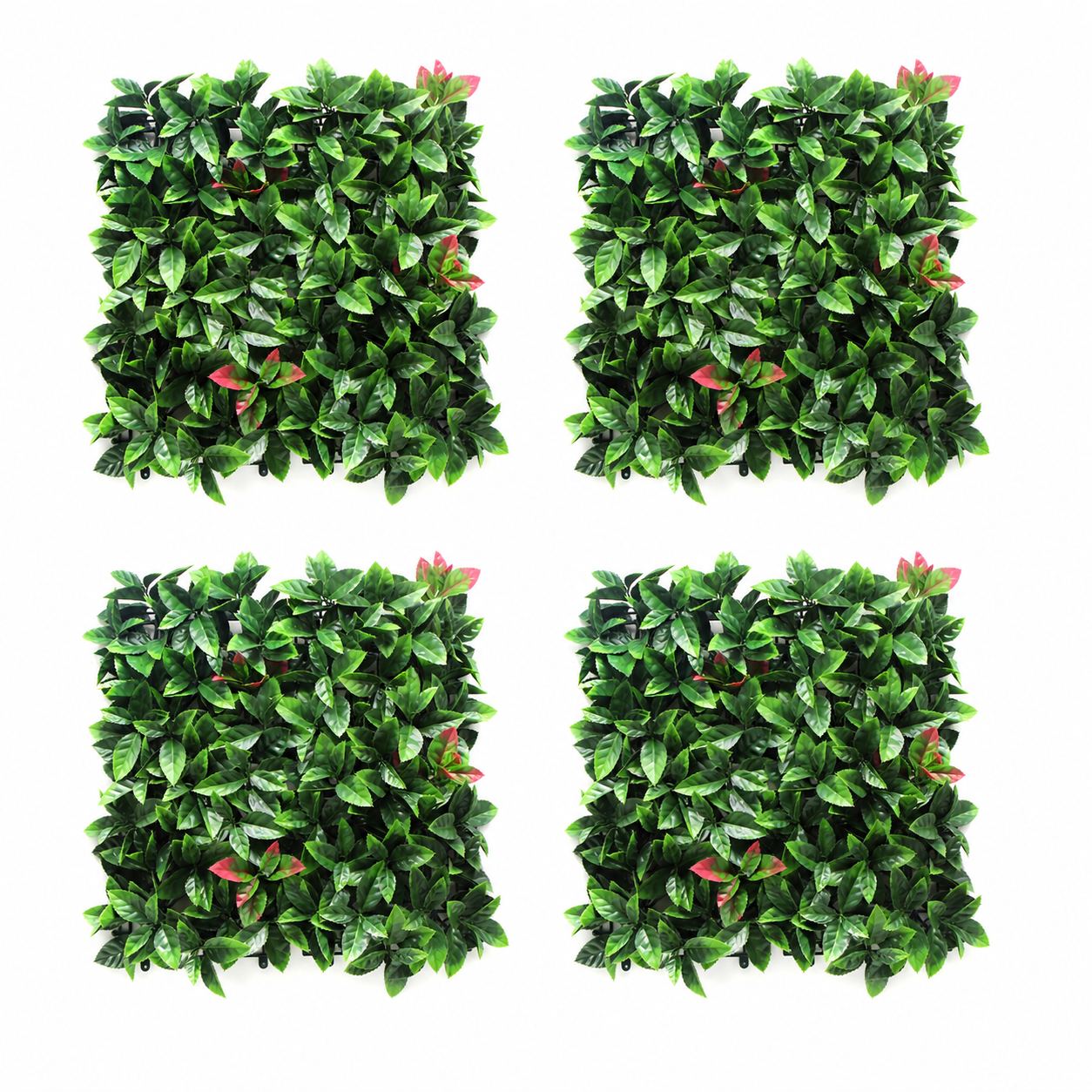 Four artificial green leafy panels on a white background