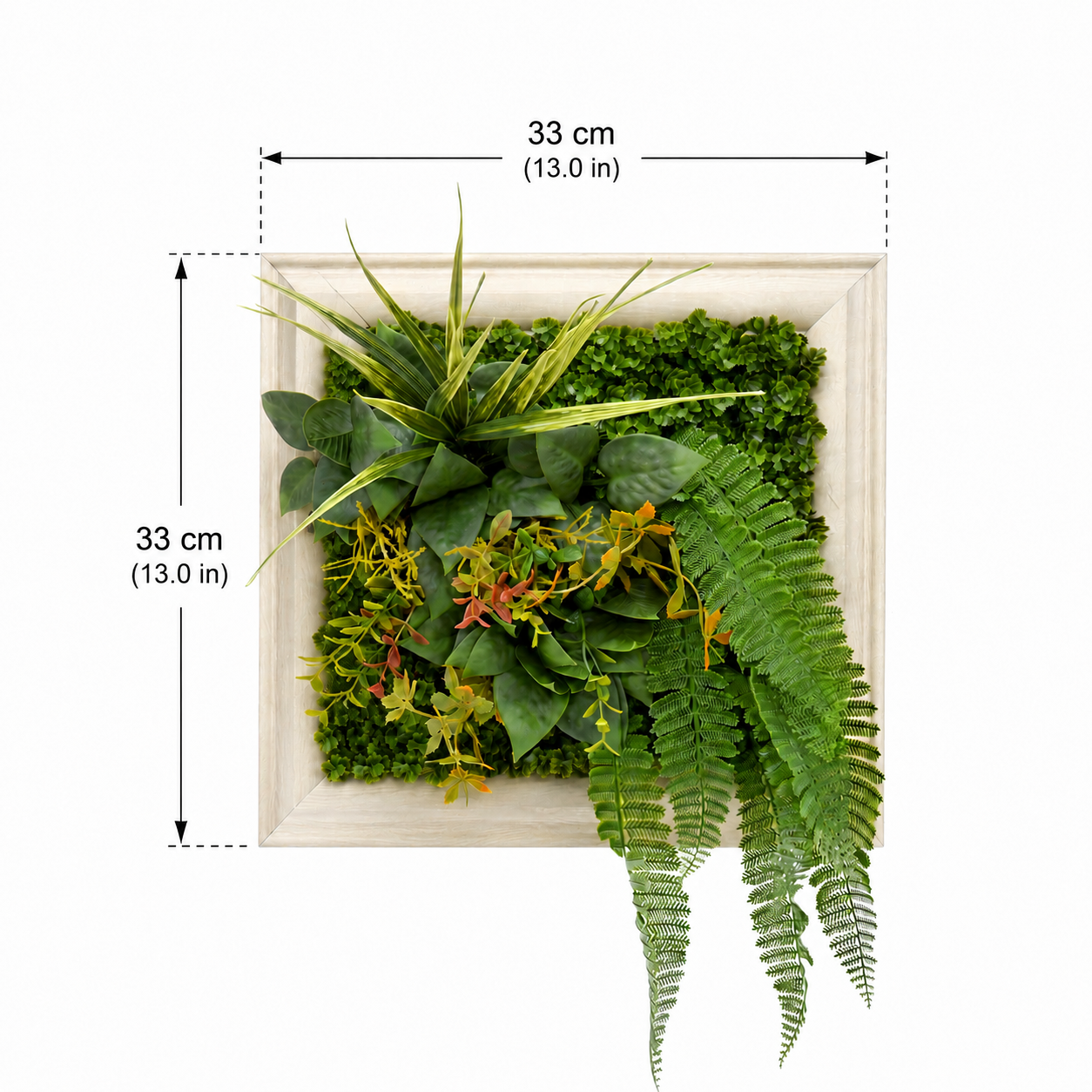 Artificial Green Wall Art Panel | White Frame | Cascading Foliage | 33x33cm