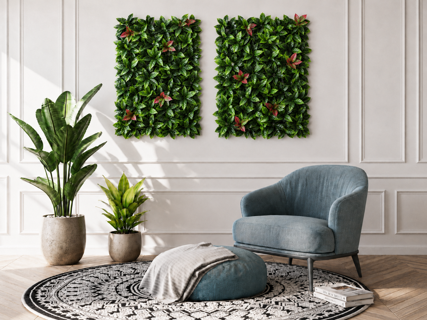 Modern living room with a blue armchair, ottoman, and decorative plants.