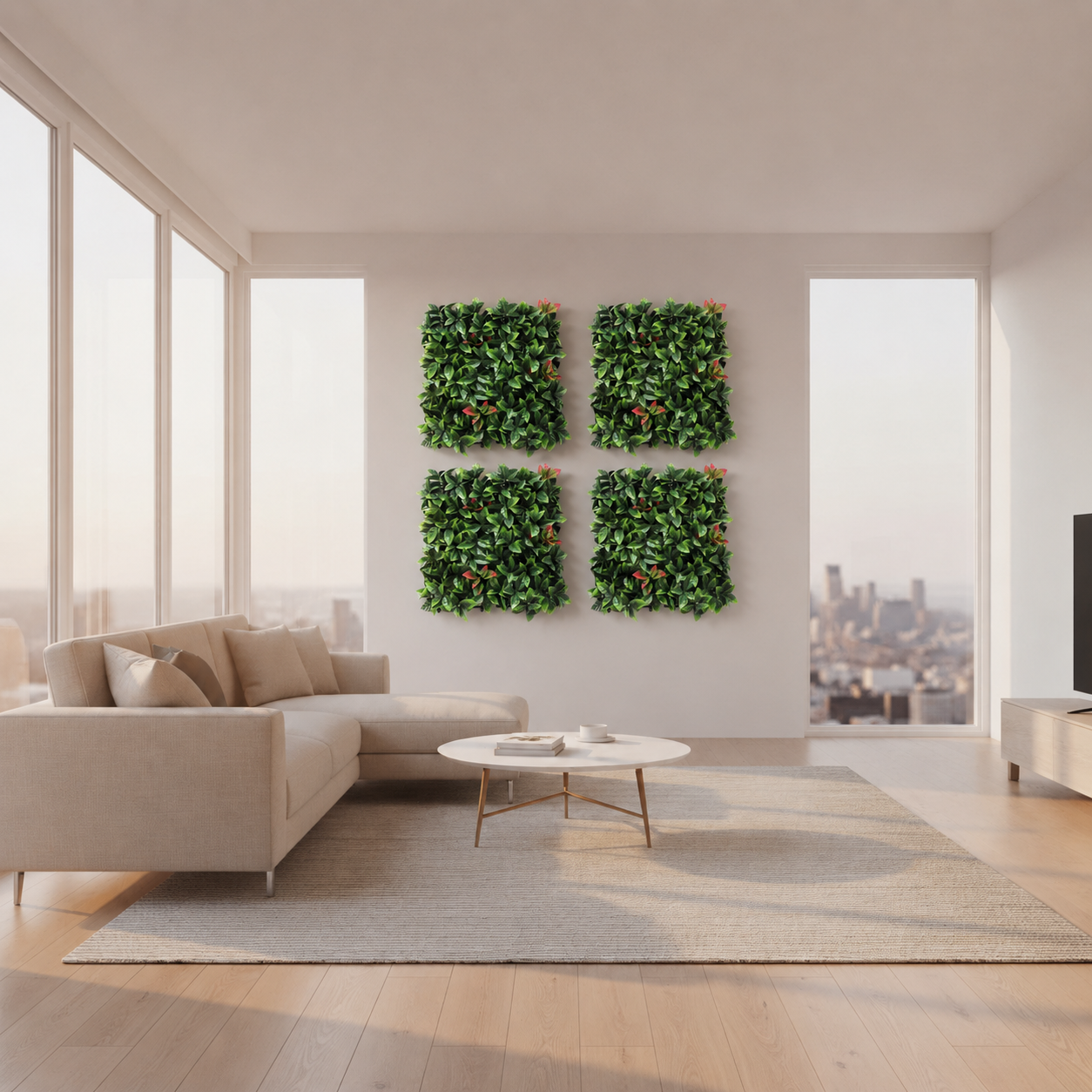 Modern living room with beige sofa, round coffee table, and green wall art.