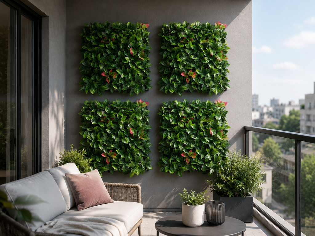 Living wall panels on a balcony with outdoor furniture and plants.