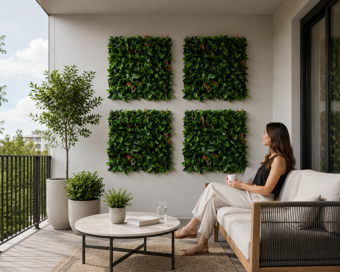 Woman sitting on a couch in a modern outdoor living space with green wall panels and plants.