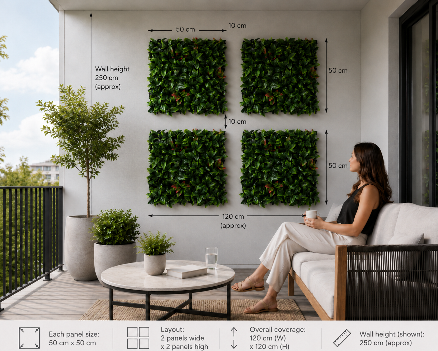 Woman sitting on a balcony with green wall panels and planters, showing layout and dimensions.