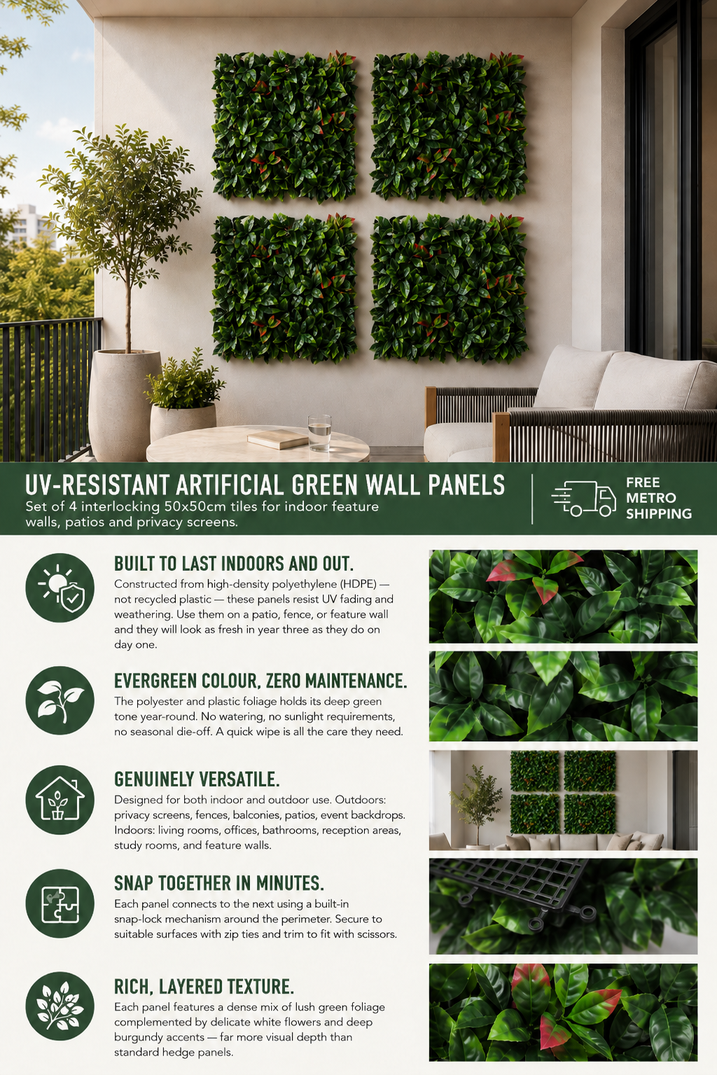 UV-resistant artificial green wall panels with text detailing features and benefits.