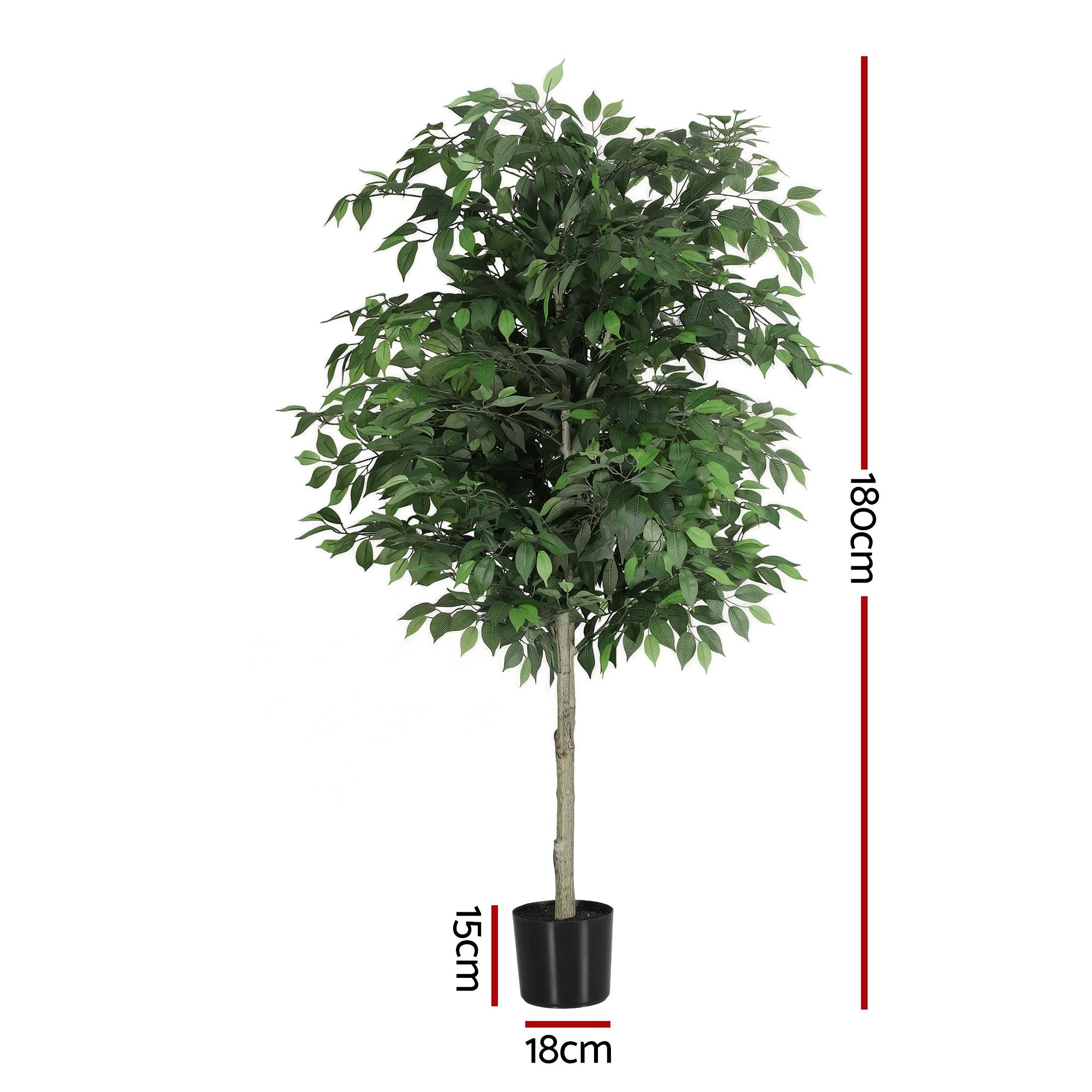 Artificial potted tree with dimensions indicated on a white background