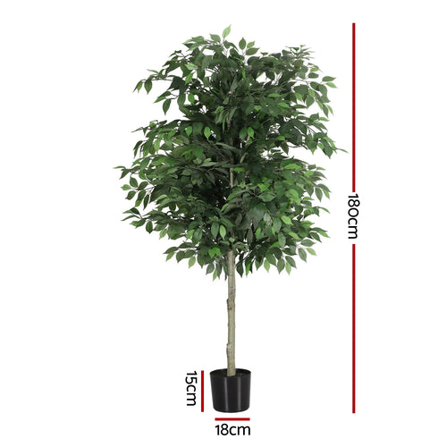 Artificial potted tree with dimensions indicated on a white background