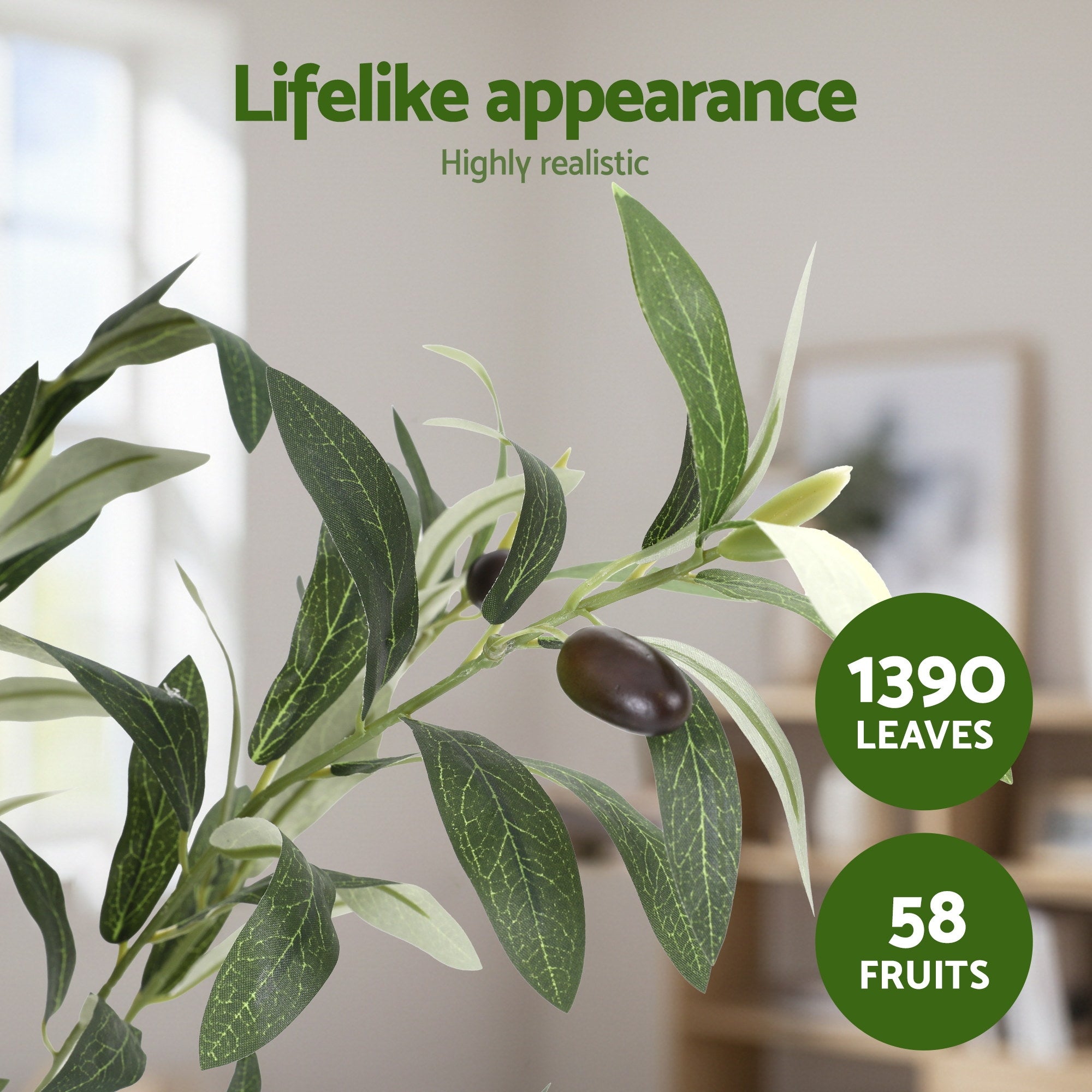 Artificial plant with 1390 leaves and 58 fruits, labeled 'Lifelike appearance' and 'Highly realistic'.