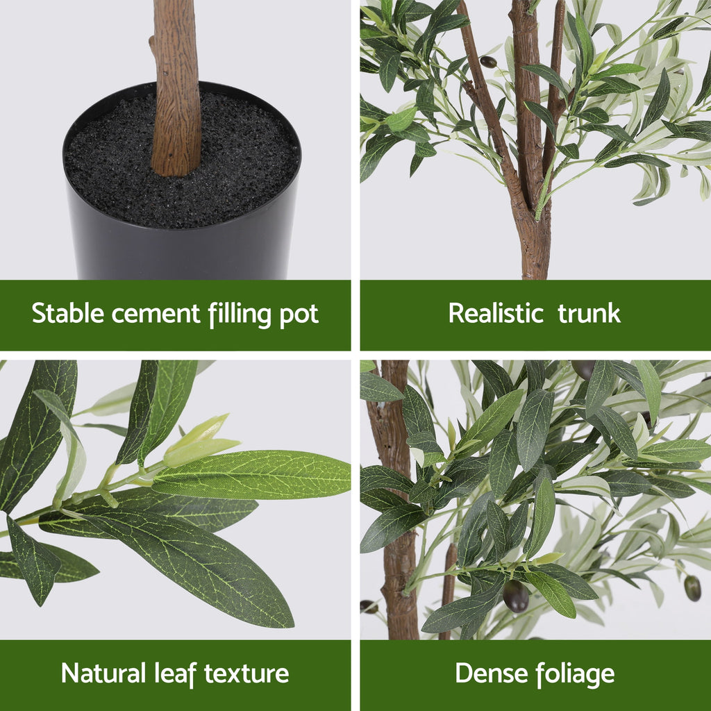 Artificial olive tree with features labeled: stable cement filling pot, realistic trunk, natural leaf texture, dense foliage.