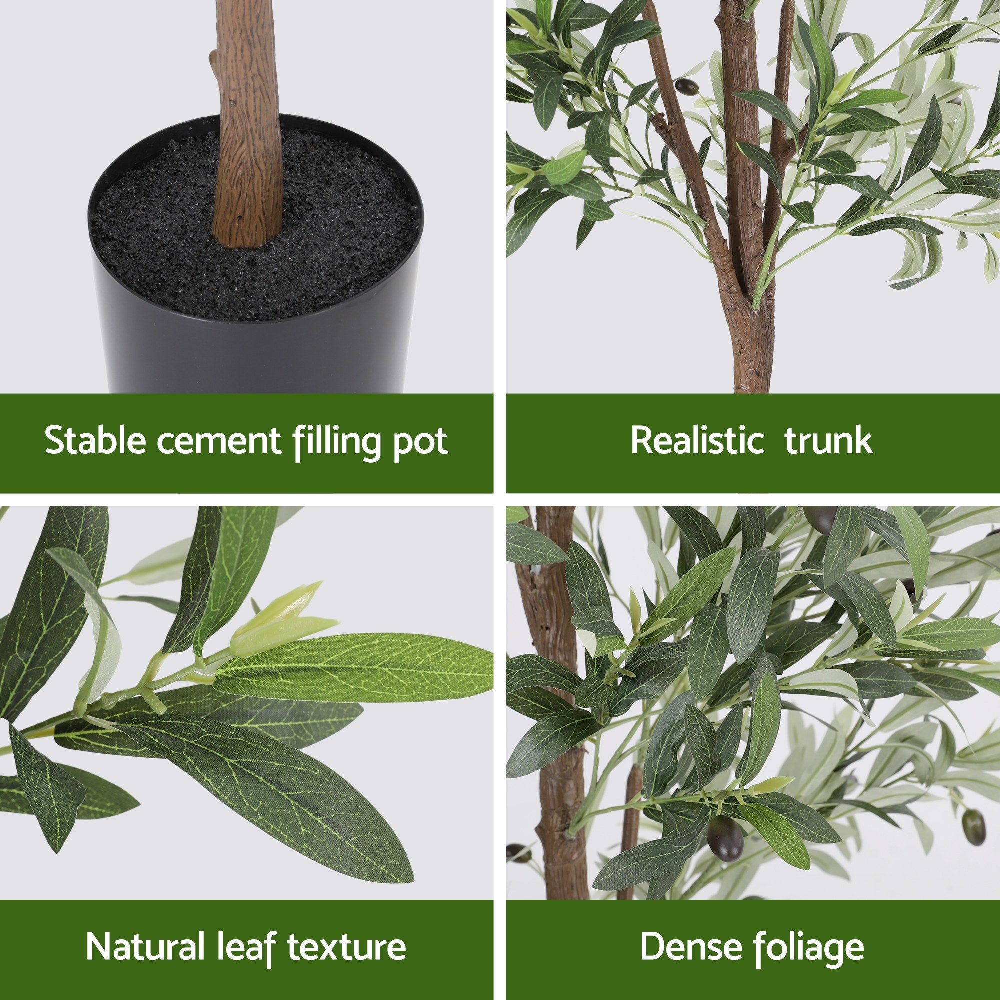 Artificial olive tree with features labeled: stable cement filling pot, realistic trunk, natural leaf texture, dense foliage.