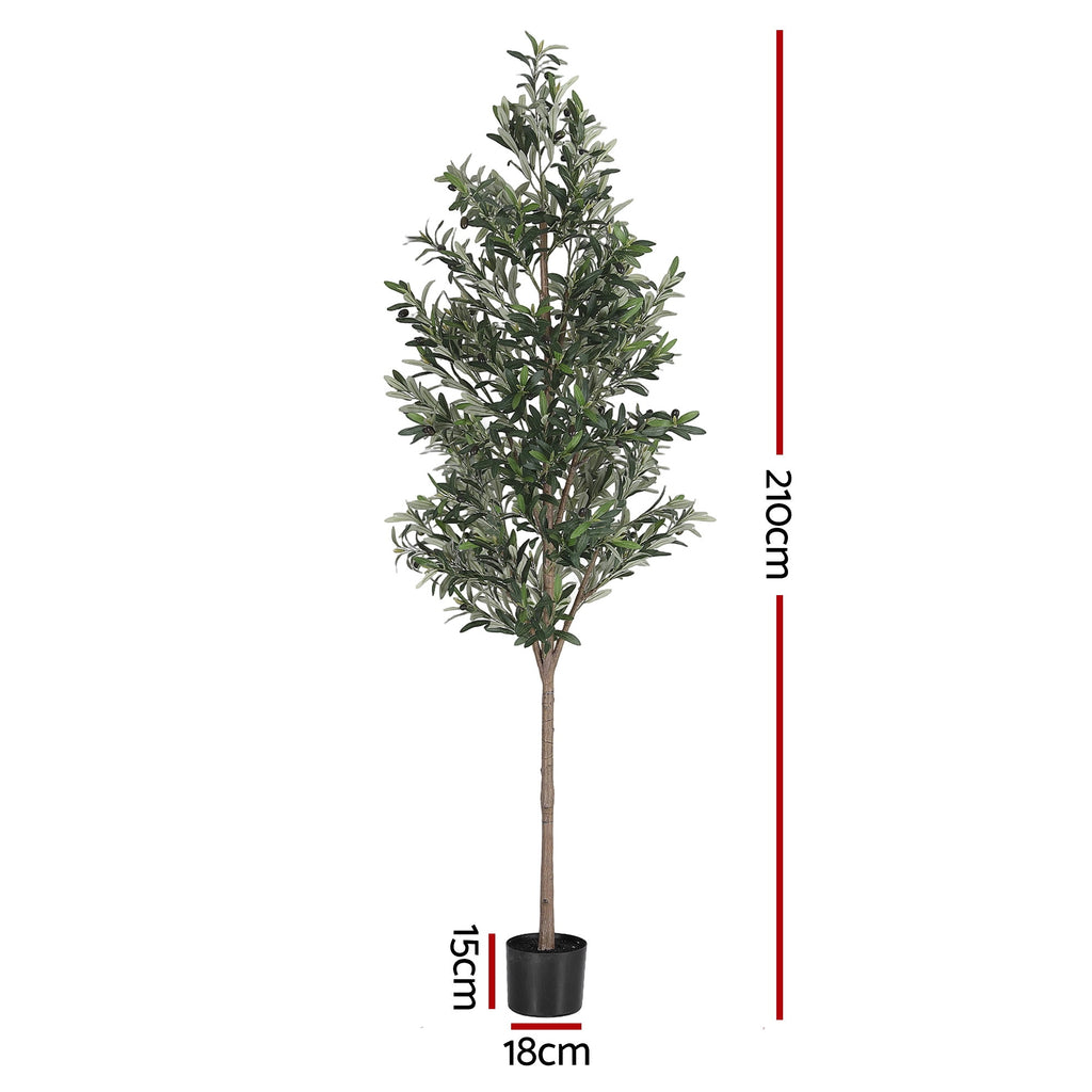 Artificial olive tree with dimensions indicated on a white background
