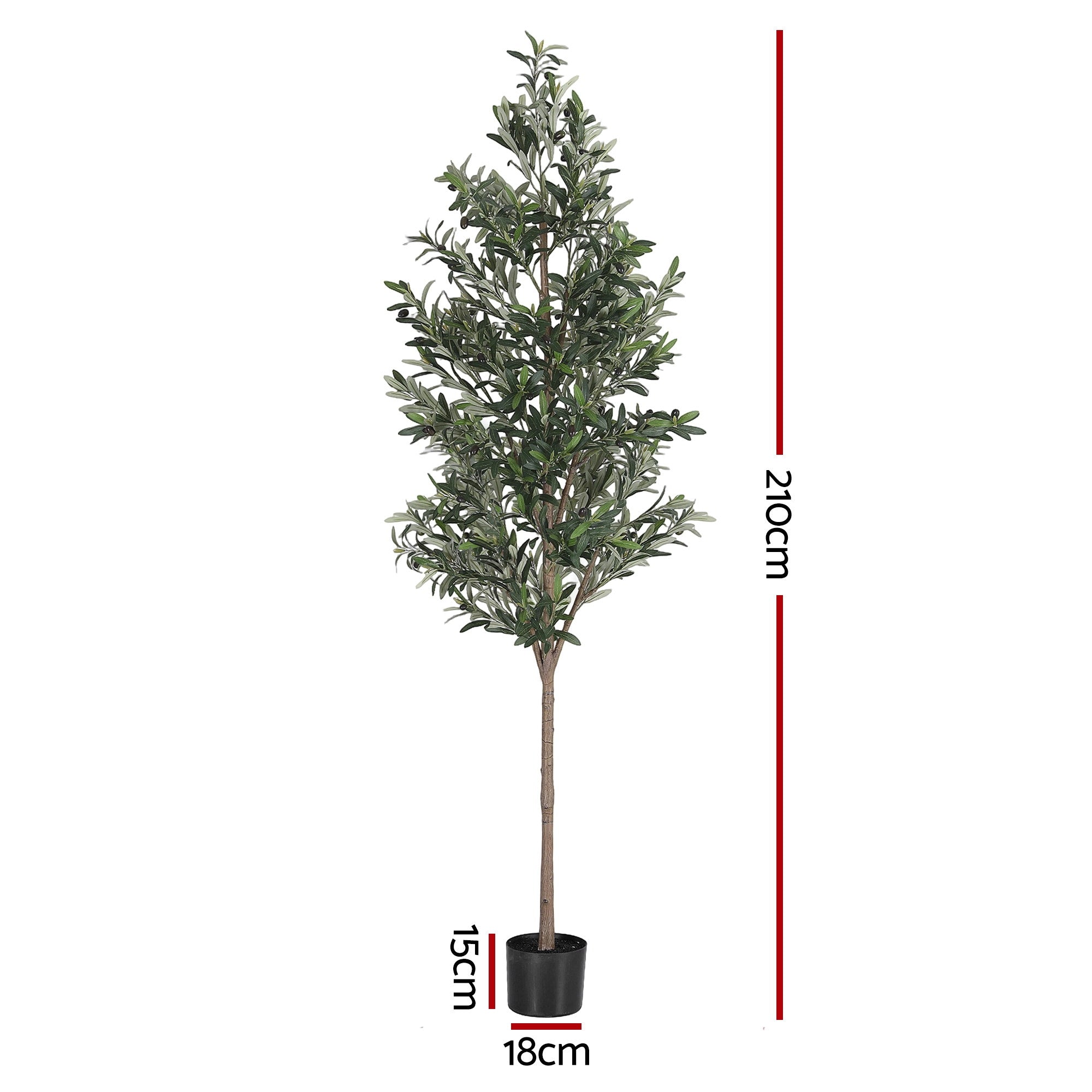 Artificial olive tree with dimensions indicated on a white background