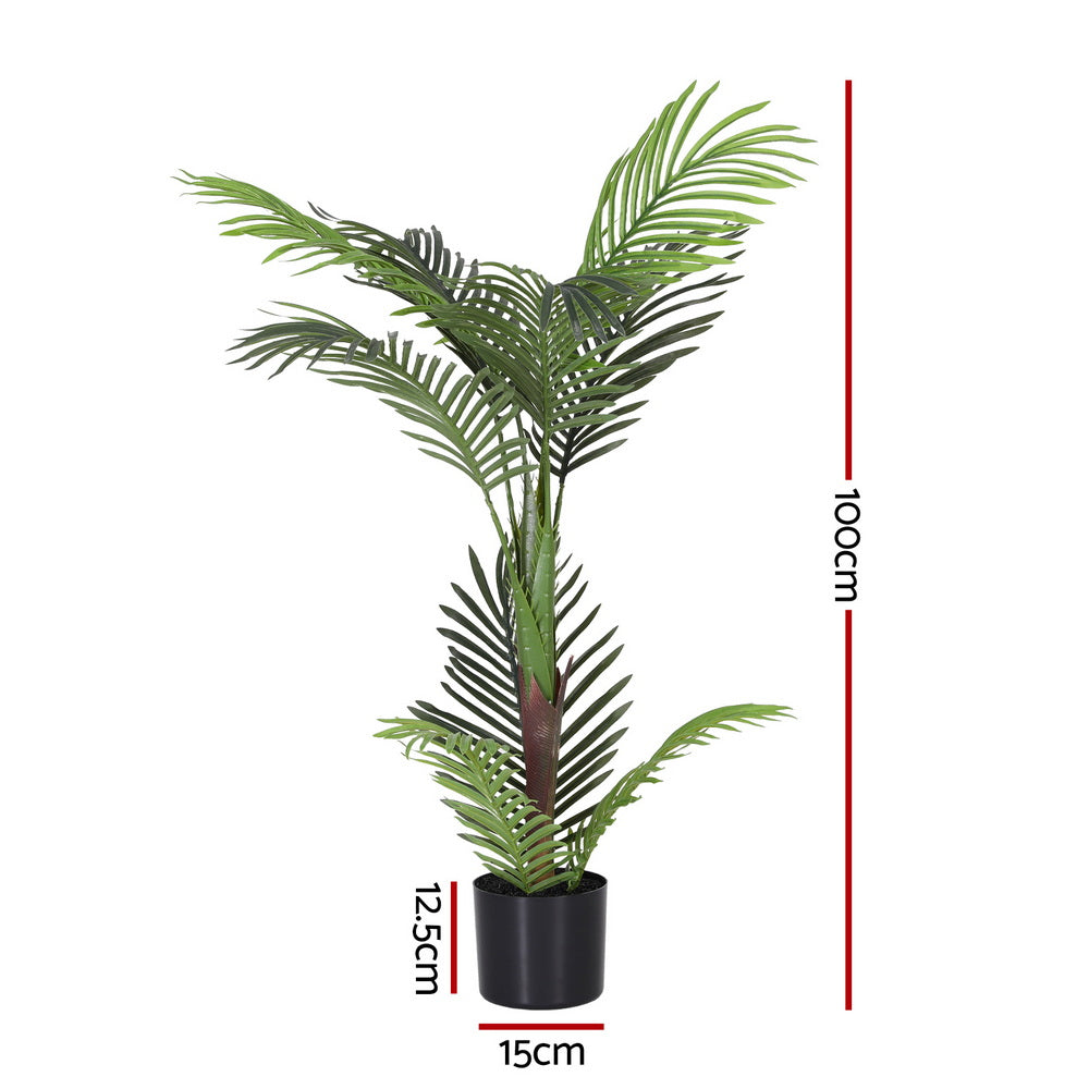 Artificial potted plant with dimensions indicated on a white background