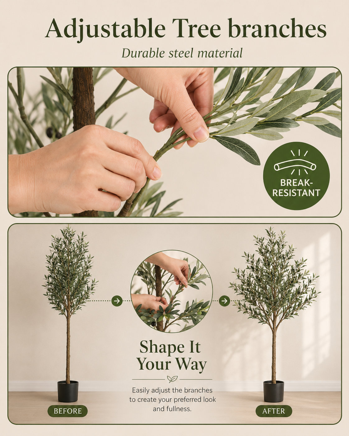 Adjustable tree branches with hands shaping a plant, highlighting durability and adjustability.