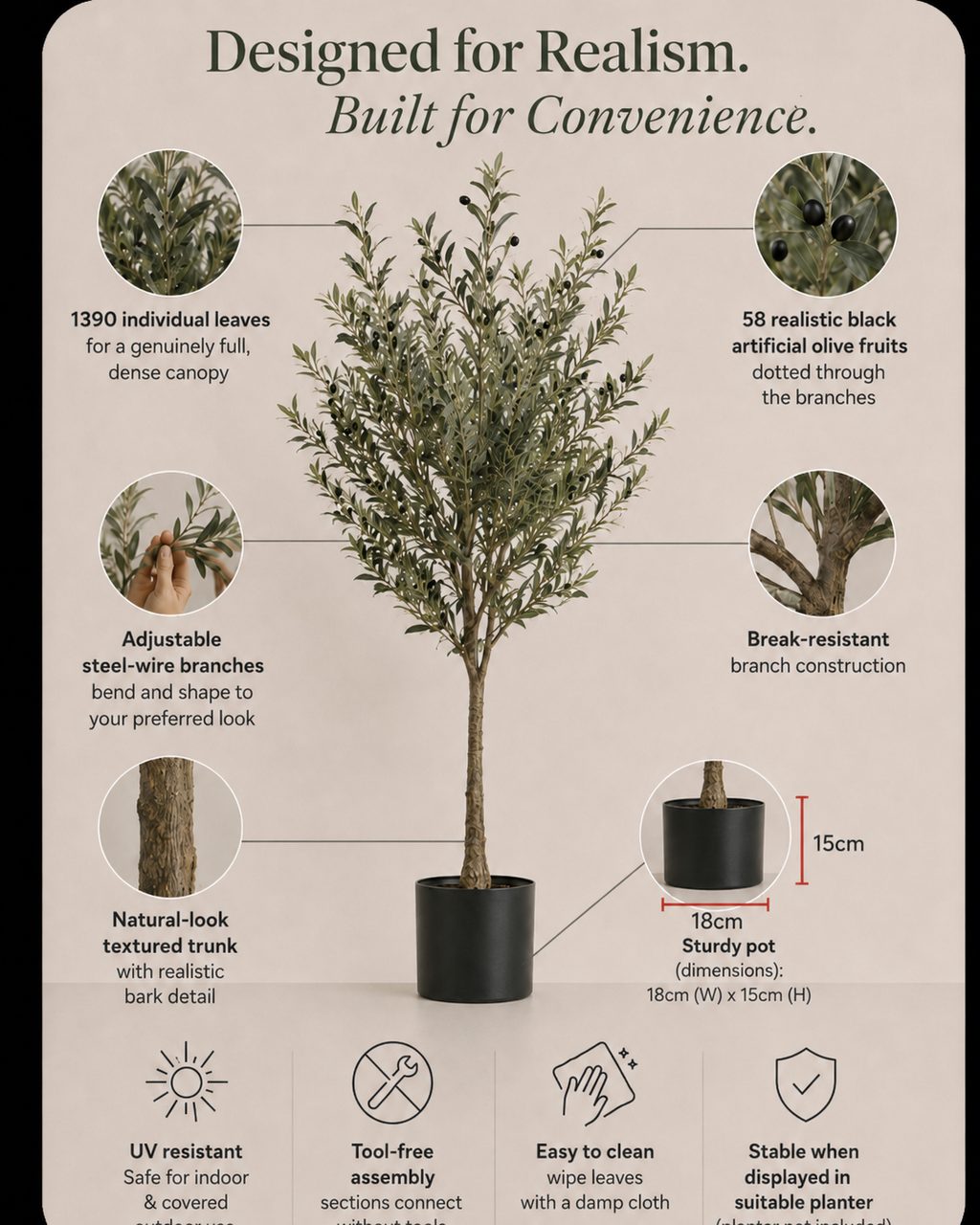Infographic of an artificial olive tree with features and specifications.