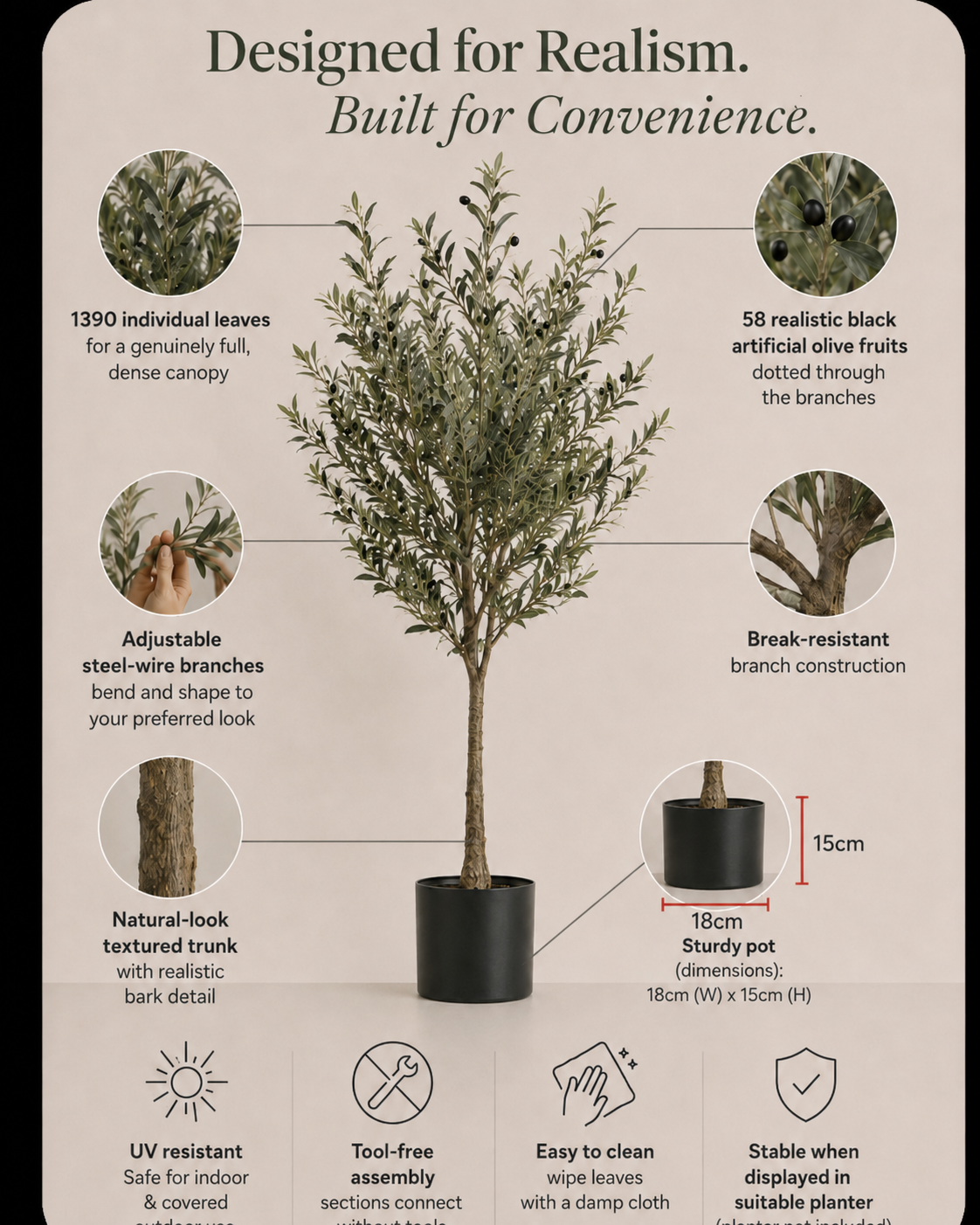Infographic of an artificial olive tree with features and specifications.