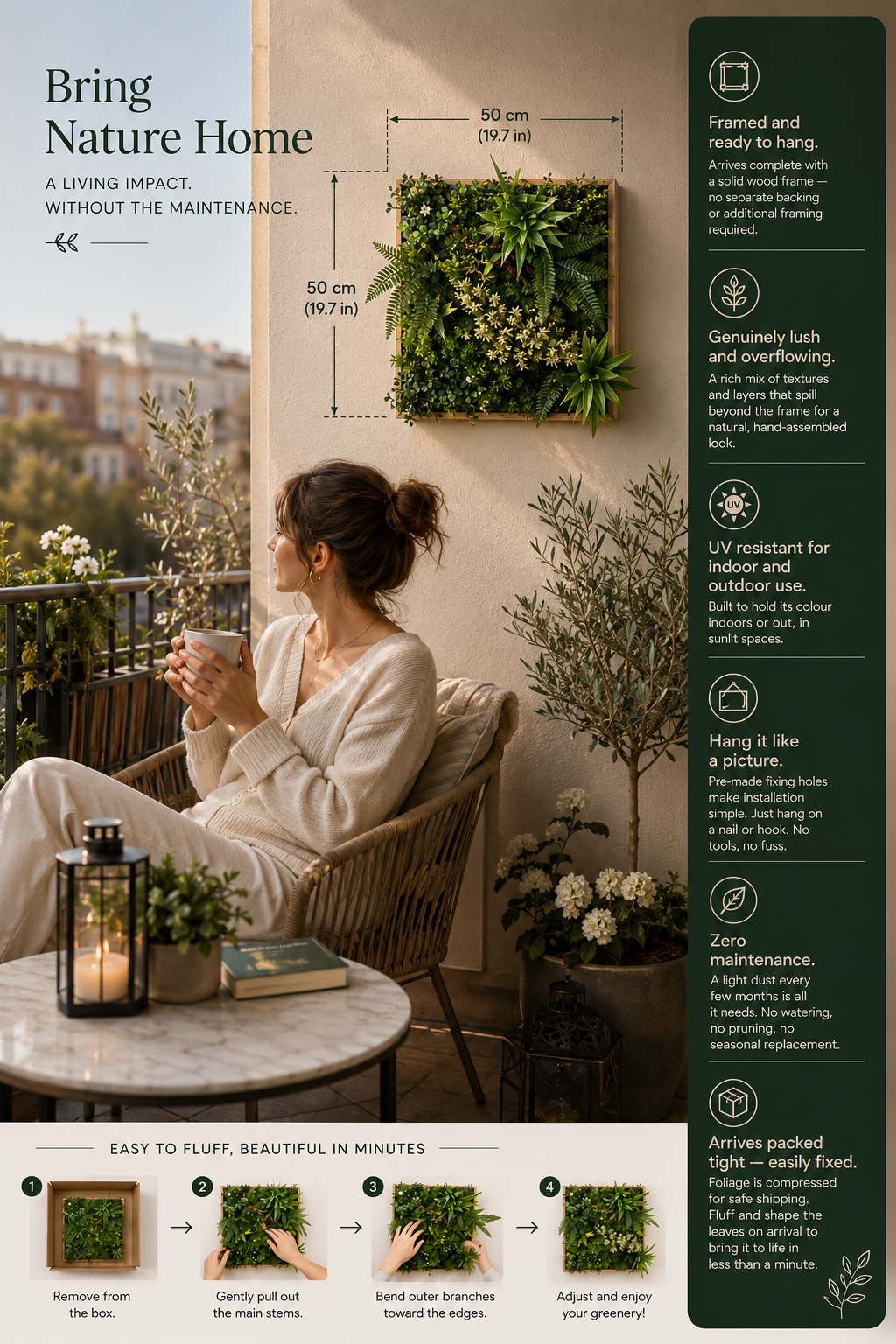 Artificial Green Wall Art Panel | Timber Frame | Lush Botanical | 50x50cm