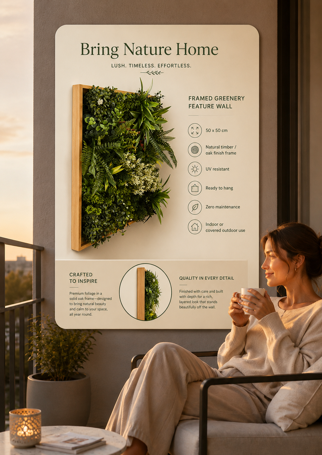 Artificial Green Wall Art Panel | Timber Frame | Lush Botanical | 50x50cm