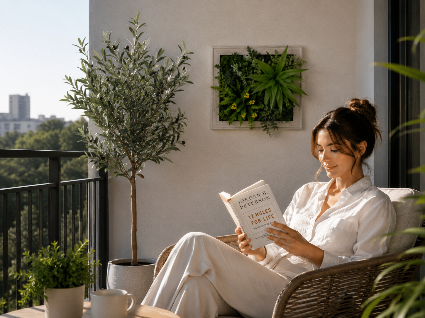 Woman reading a book on a balcony with plants and a cityscape in the background