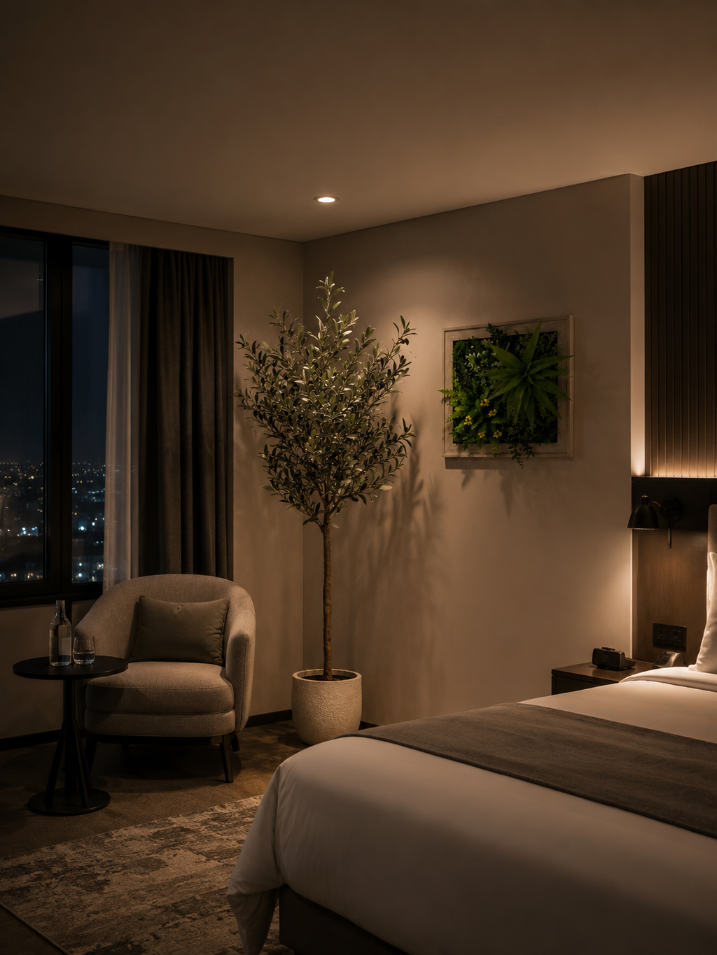 Modern bedroom with a bed, armchair, and decorative plants in a dimly lit room.