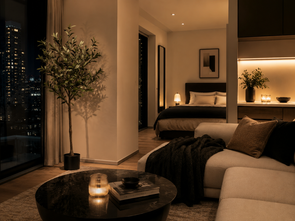 Modern living room with a couch, coffee table, and decorative elements.