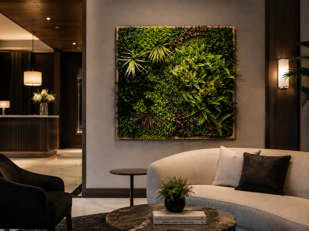 Artificial Green Wall Art Panel | Timber Frame | Wild Botanical | 1mx1m