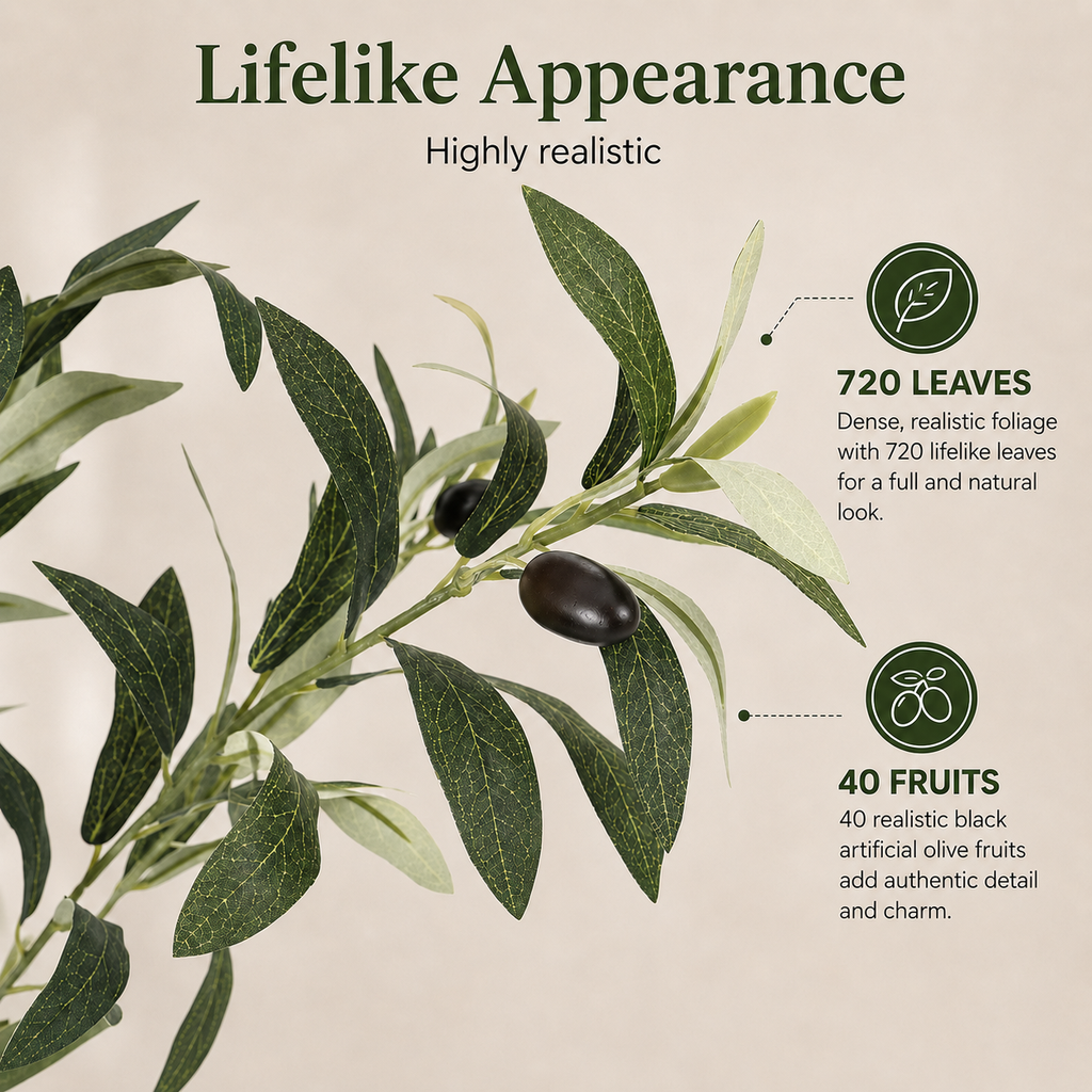 Olive branch with leaves and fruits on a beige background, highlighting lifelike appearance.