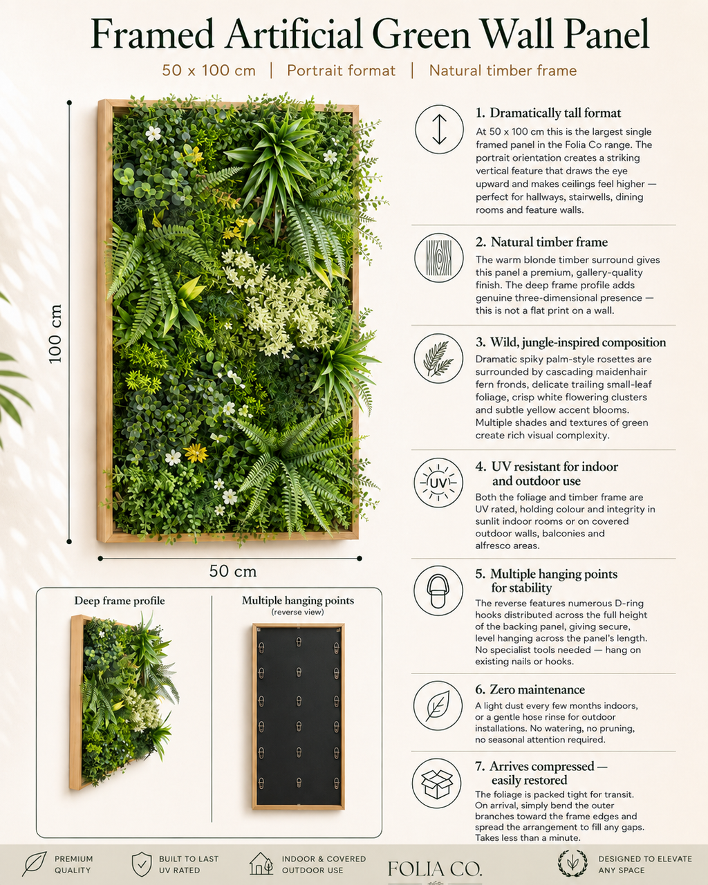 Artificial Green Wall Art Panel | Timber Frame | Wild Botanical | 50x100cm