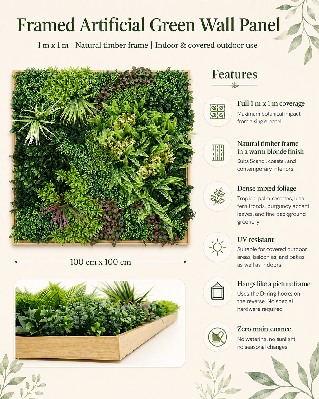 Artificial Green Wall Art Panel | Timber Frame | Wild Botanical | 1mx1m