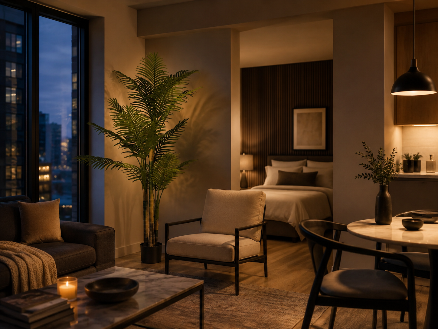 A modern, stylishly decorated living room and bedroom interior with warm ambient lighting, featuring a dark leather sofa, a beige armchair, a coffee table with candles, a dining table with chairs, a large potted palm, and a bed in the background.