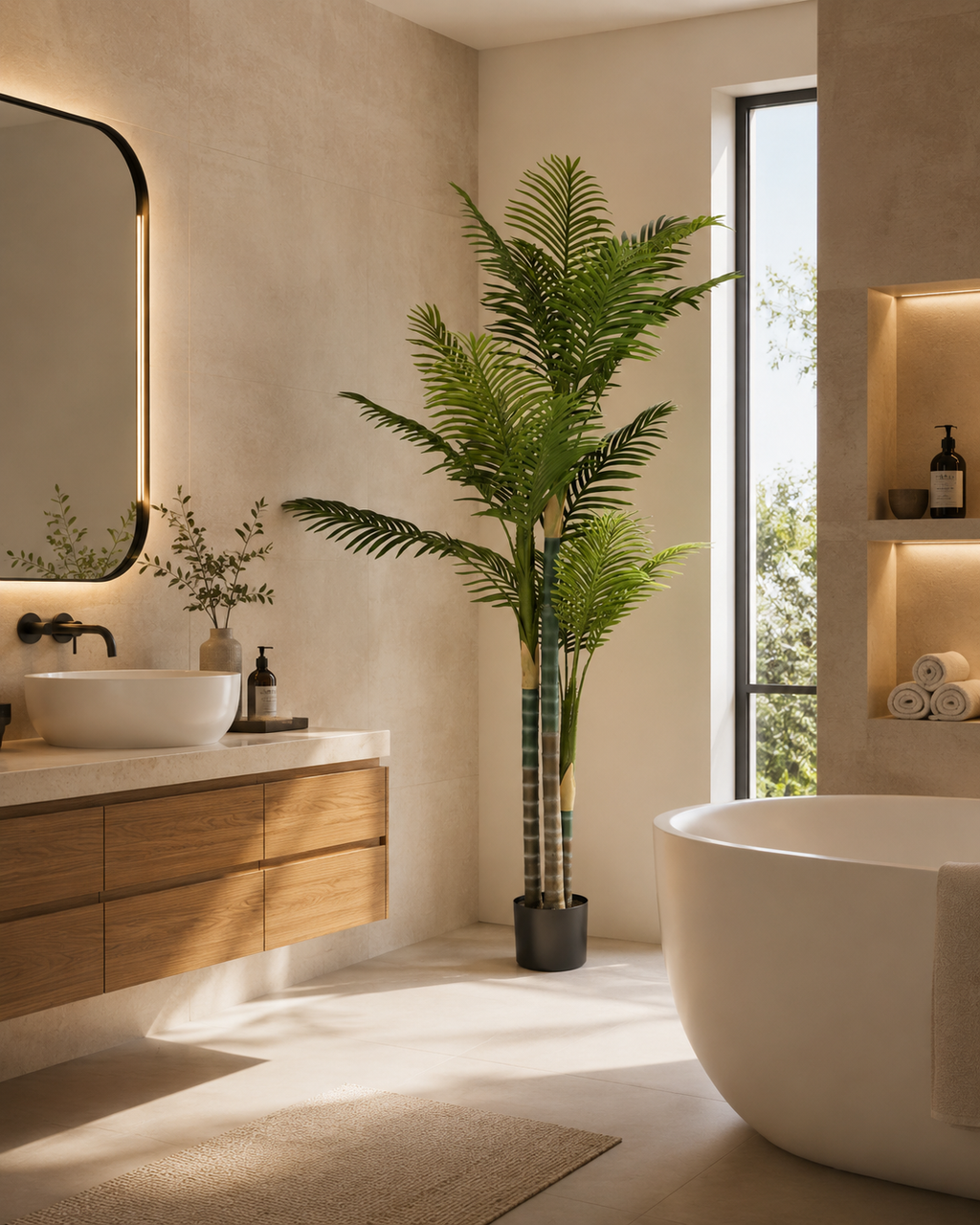 A tall green palm-like houseplant in a black pot stands in a modern bathroom between a vanity with a white bowl sink and a freestanding white bathtub. The room has warm beige walls, a large mirror, built-in shelves with rolled towels and a bottle, and a window with outdoor greenery visible.