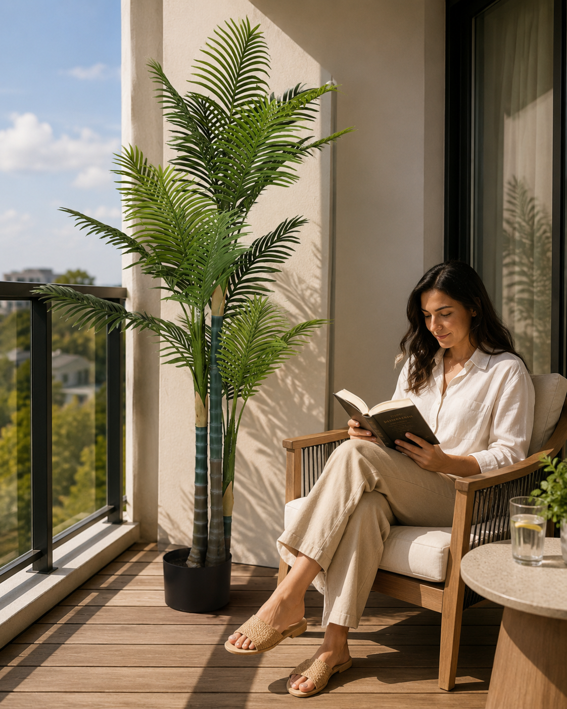 A woman sits in a wooden armchair on a sunlit balcony, reading a book. A tall potted palm plant stands beside her, and a small side table with a glass of water is in the foreground.