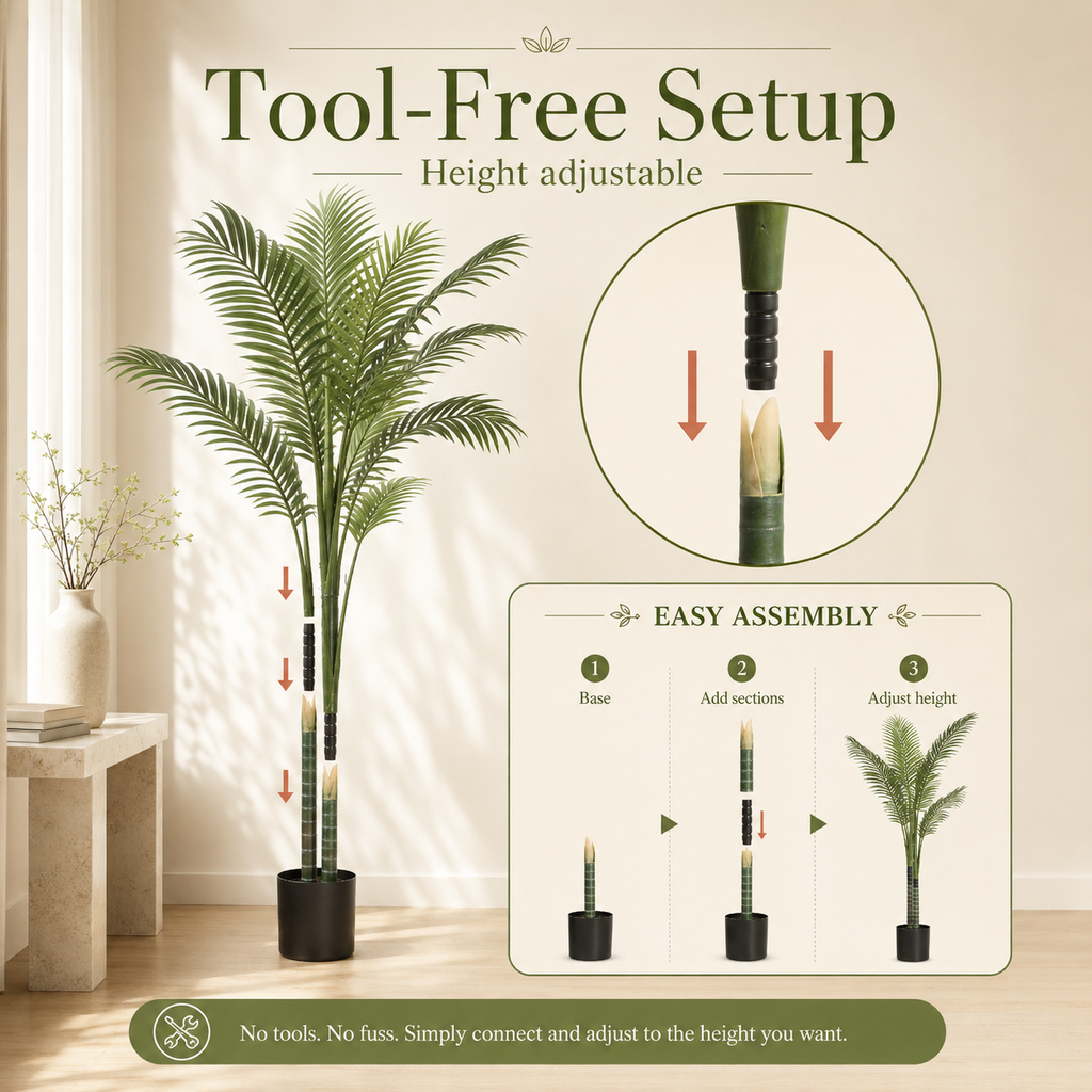 An artificial palm tree shown in a styled indoor room with text and diagrams explaining how to assemble and adjust its height. The image includes a large plant, a circular inset showing the snapping mechanism, and a step-by-step assembly panel.
