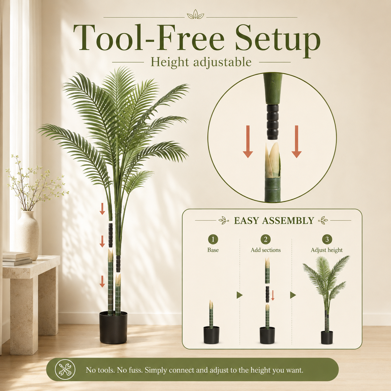 An artificial palm tree shown in a styled indoor room with text and diagrams explaining how to assemble and adjust its height. The image includes a large plant, a circular inset showing the snapping mechanism, and a step-by-step assembly panel.