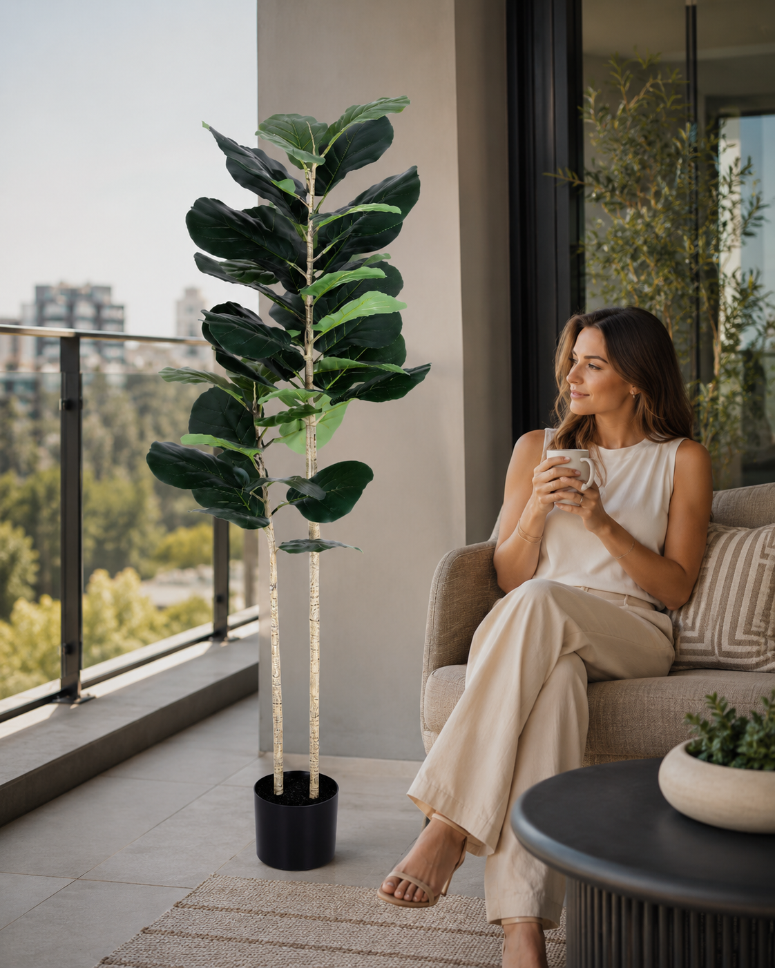 A woman sits on a beige armchair on a balcony holding a mug, next to a tall fiddle-leaf fig plant in a black pot.