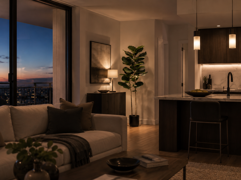 A modern open-plan apartment interior at dusk, featuring a light beige sofa with dark pillows, a dark wood kitchen island with two bar stools, a tall potted plant, and a large window overlooking a city skyline at sunset.