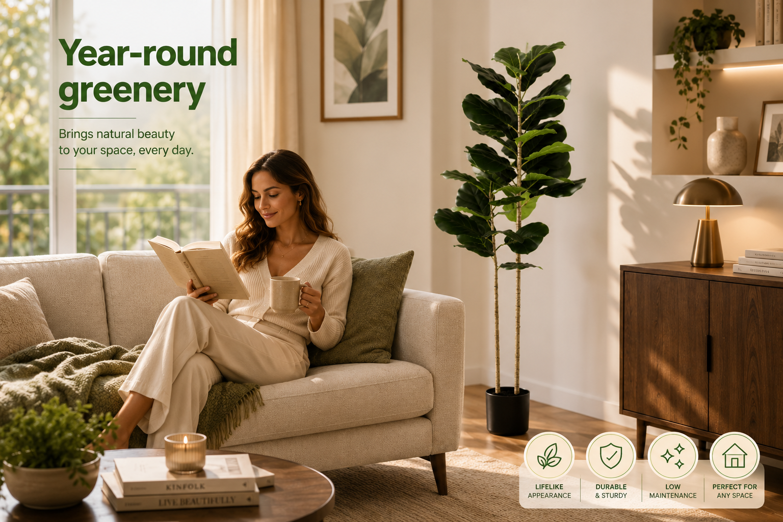 A woman relaxes on a beige sofa in a sunlit living room, reading a book and holding a mug. A tall green fiddle-leaf fig plant stands beside the sofa, and the scene includes text reading 'Year-round greenery' and small care icons along the bottom right.