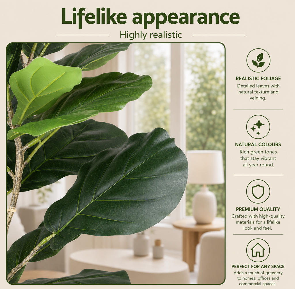 Lifelikely realistic artificial plant leaves with green foliage and a textured stem, shown in a styled interior setting with text callouts on the right.