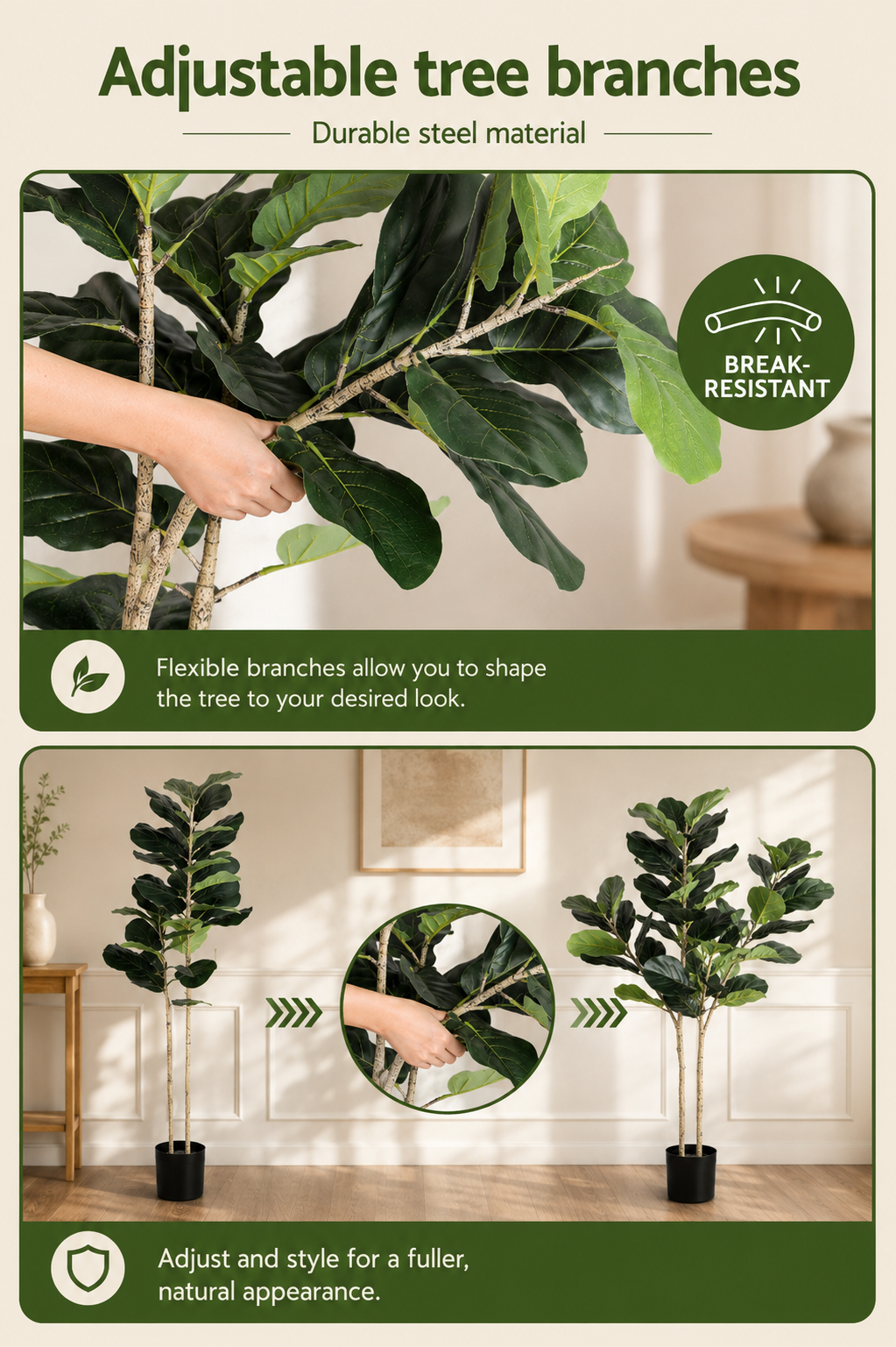 An informational product graphic for adjustable tree branches, showing a fiddle-leaf fig plant in a black pot with a hand stretching a branch. Text reads 'Adjustable tree branches' and 'Durable steel material,' with a green badge saying 'Durable Break-Resistant.