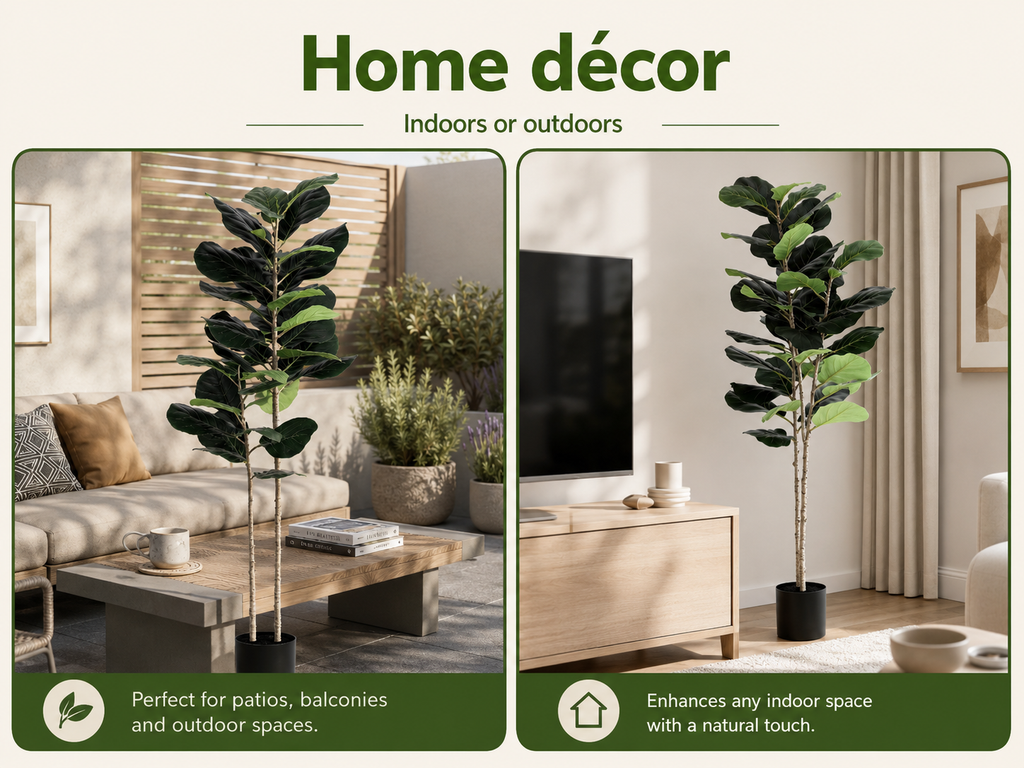 A promotional graphic for a home decor product showing a tall potted fiddle-leaf fig plant in two styled interior scenes: one in a living room and one in a media room. The top text reads 'Home décor' with 'Indoors or outdoors' below, and the bottom panels include descriptive callouts.