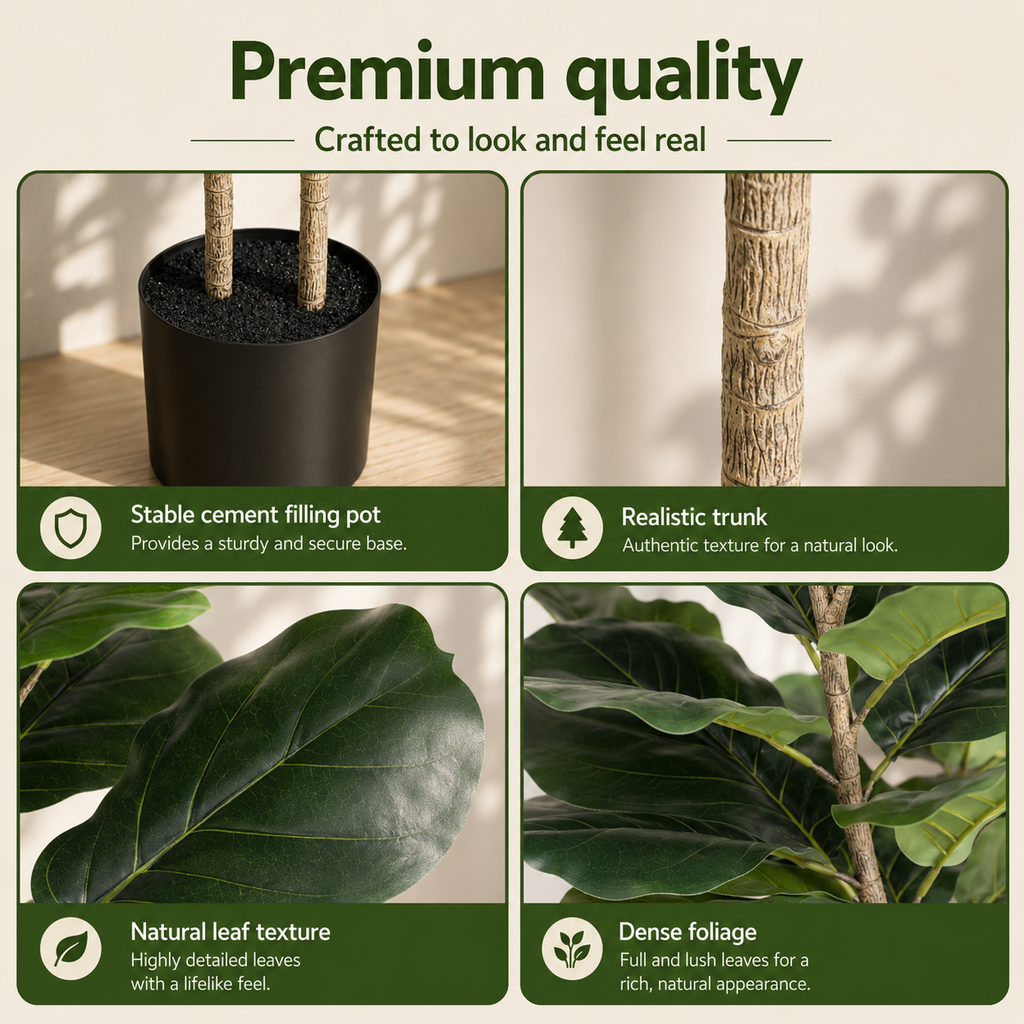 A promotional graphic for a potted fiddle-leaf fig plant, showing four panels with text callouts: stable cement filling pot, realistic trunk, natural leaf texture, and dense foliage. The top header reads 'Premium quality' and 'Crafted to look and feel real.