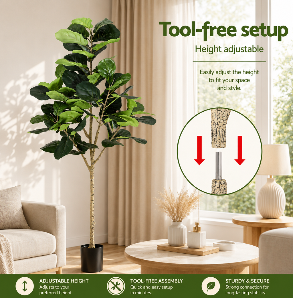 Adjustable fiddle-leaf fig tree in a black pot shown in a styled living room setting with text overlays explaining its tool-free setup and height adjustment features.