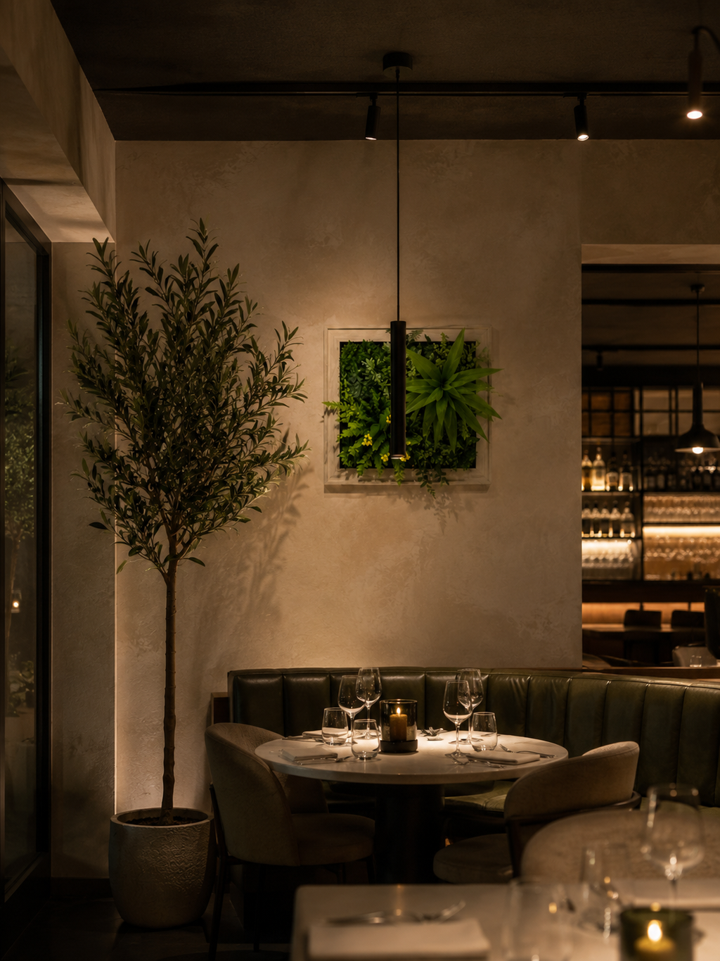 Dining area with a table set for four, a potted plant, and a wall art piece in a restaurant setting.