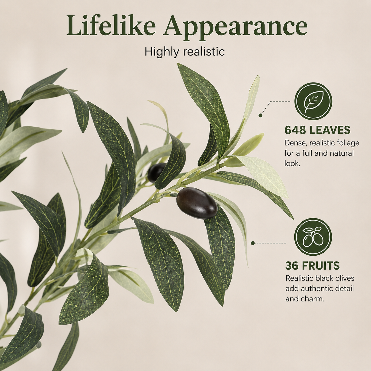 Olive branch with leaves and fruits on a beige background, highlighting lifelike appearance.