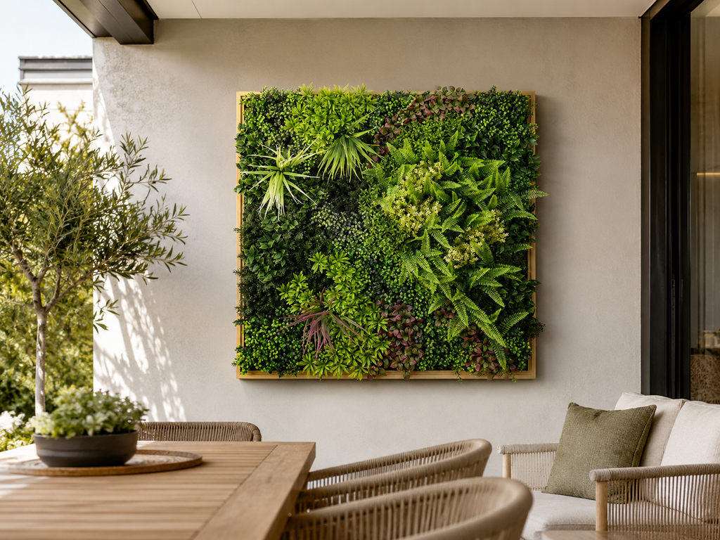 Artificial Green Wall Art Panel | Timber Frame | Wild Botanical | 1mx1m