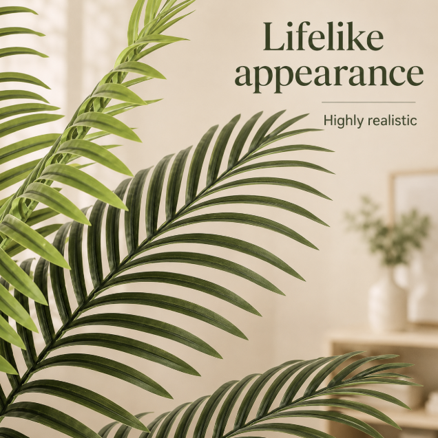 Close-up of a green leaf with a blurred indoor setting in the background, featuring text about lifelike appearance.