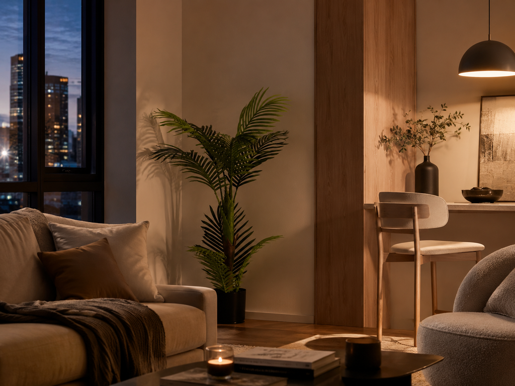 Modern living room with a plant, coffee table, and cityscape view.