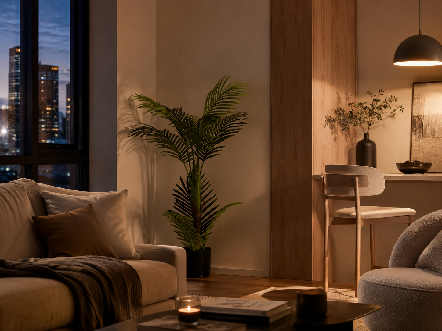 Modern living room with a plant, coffee table, and cityscape view.