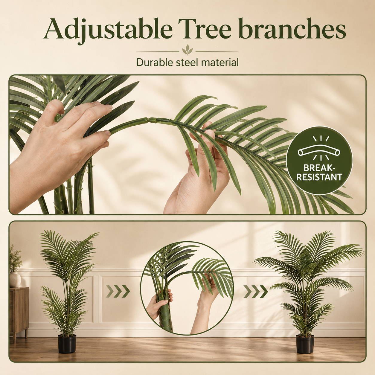 Adjustable tree branches with durable steel material, shown being held and used in a room setting.